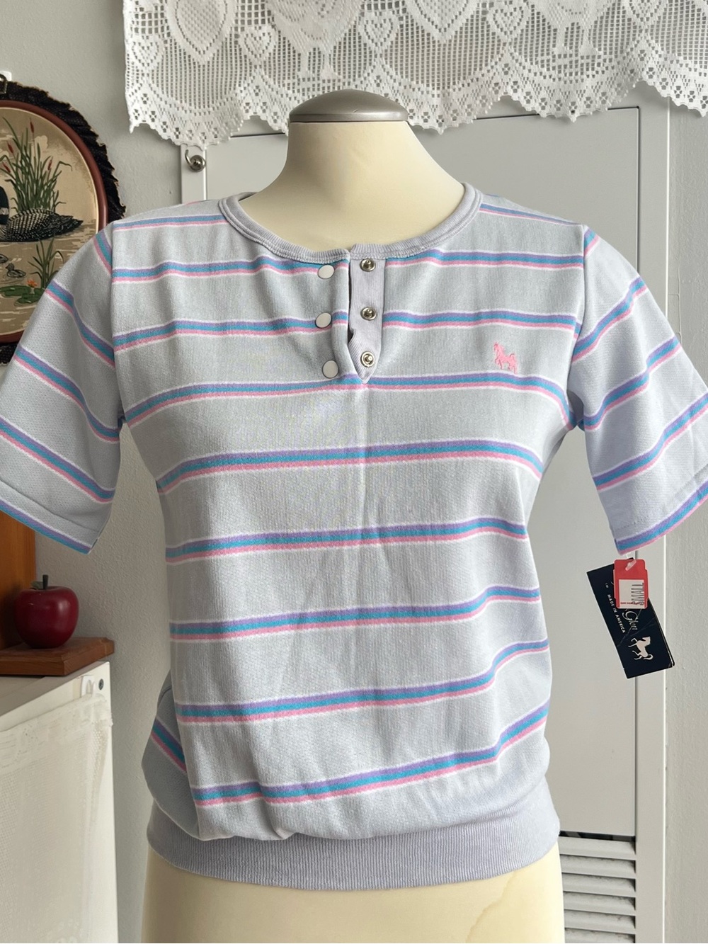 Vintage Deadstock NWT Hunter’s glen blue, pink, and white striped henley shirt